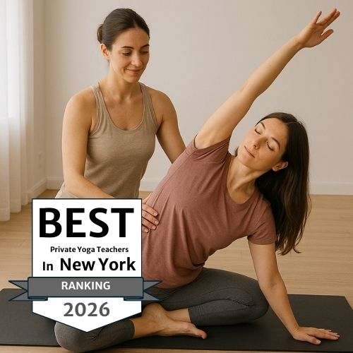 Private yoga teacher assisting a woman with a side stretch during a one-on-one yoga session in New York