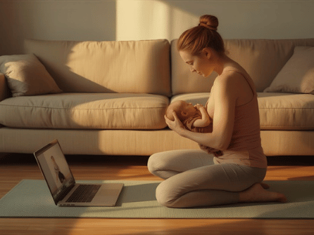 Mother holding baby during private online yoga session at home - 4:3